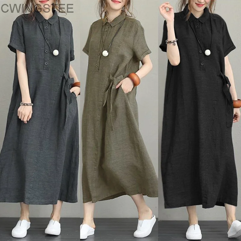 

2023 Hot Selling Women Cotton Linen Pocket Dress Korean O-Neck Short Sleeve Loose Solid Midi Dresses