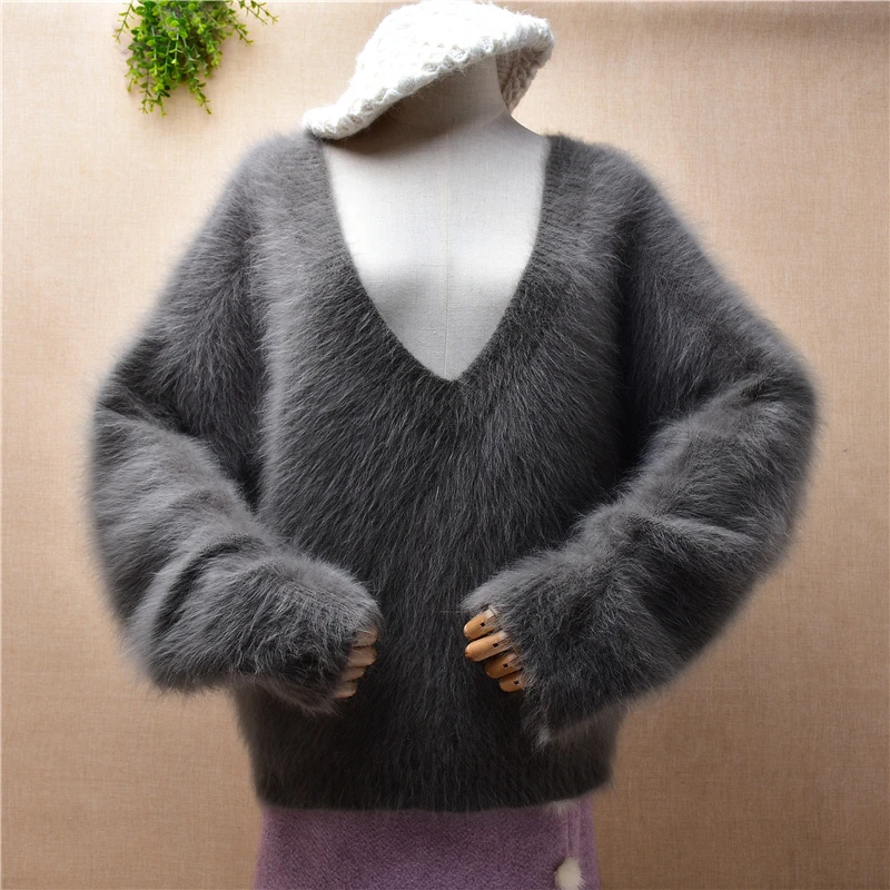 

Женская осенне-зимняя одежда, пушистый кашемировый вязаный пуловер из меха норки с глубоким V-образным вырезом, Свободный пуловер, джемпер и...