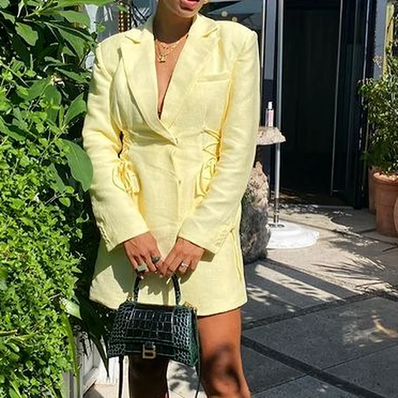 Fashion Lapel Tie Double-breasted Long-sleeved Shoulder Pads Dress Casual Ladies Fashion Elegant Waist Chic Suit Short Skirt