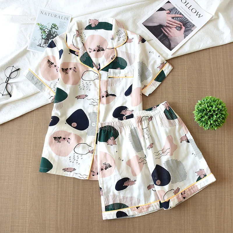 2023 New 100% Cotton Short-sleeved Shorts Ladies Pajamas Set Cute Cartoon Pajamas Japanese Simple Short Pajamas Sleepwear Women