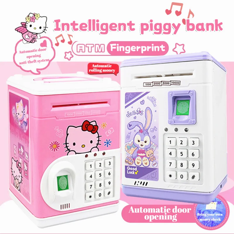 Sanrio Hello Kitty Kawaii Cartoon Fingerprint Piggy Bank Automatic Cash Roll Atm Safe Creative Gift Electric Girl Boy Toy Gift