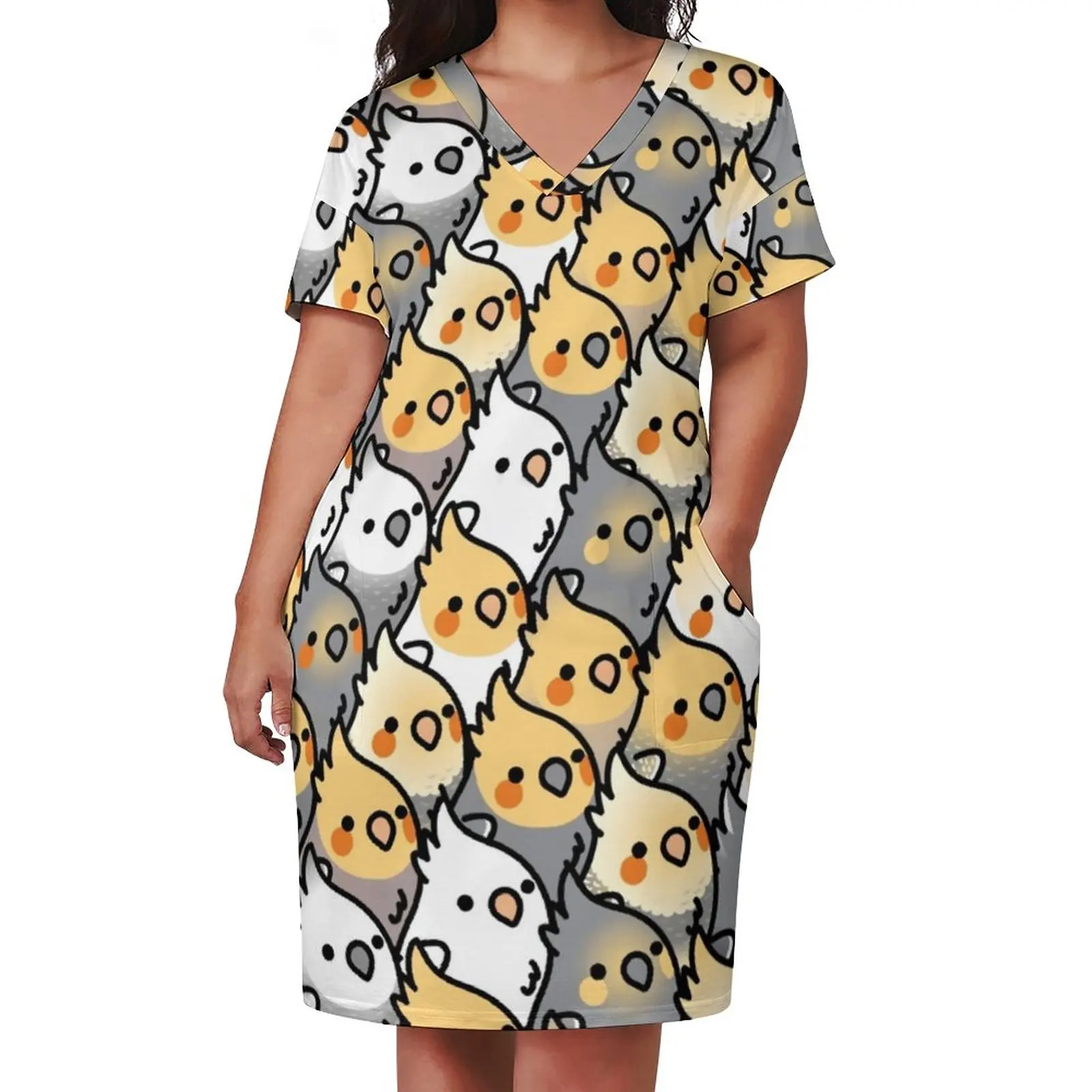 Cartoon Parrot Dress Plus Size Chubby Cockatiel Party Aesthetic Casual Dress Female Summer V Neck Cute Dresses Birthday Present