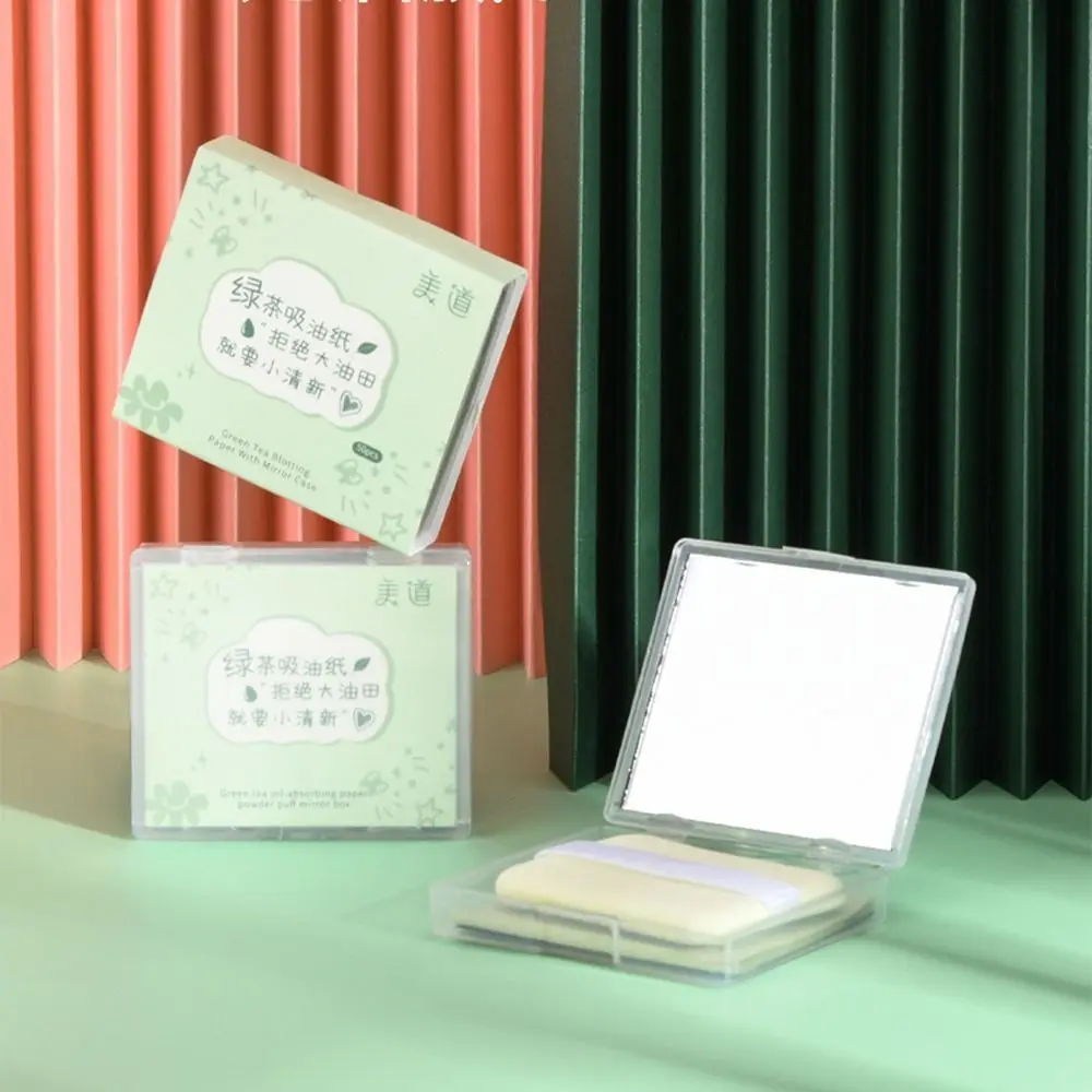

Green Tea Face Oil Blotting Sheets with mirror and powder puff Raw Wood Pulp Oil Control Film Clean Oil Refreshing Facial Care