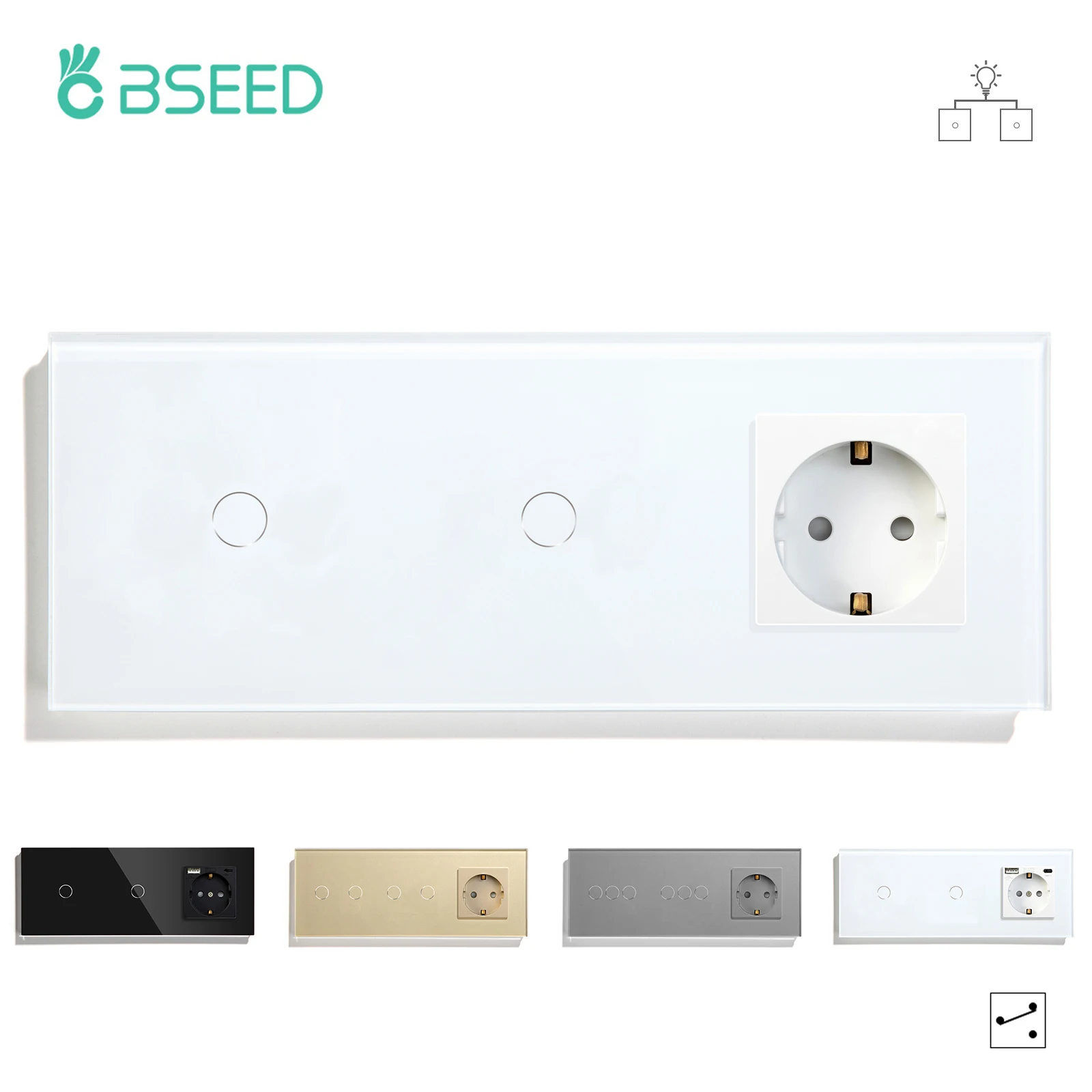 

BSEED EU Standard Touch Switch With USB EU Socket Double 1/2/3Gang 2Way Crystal Glass Wall Light Switches Plus Power Socket