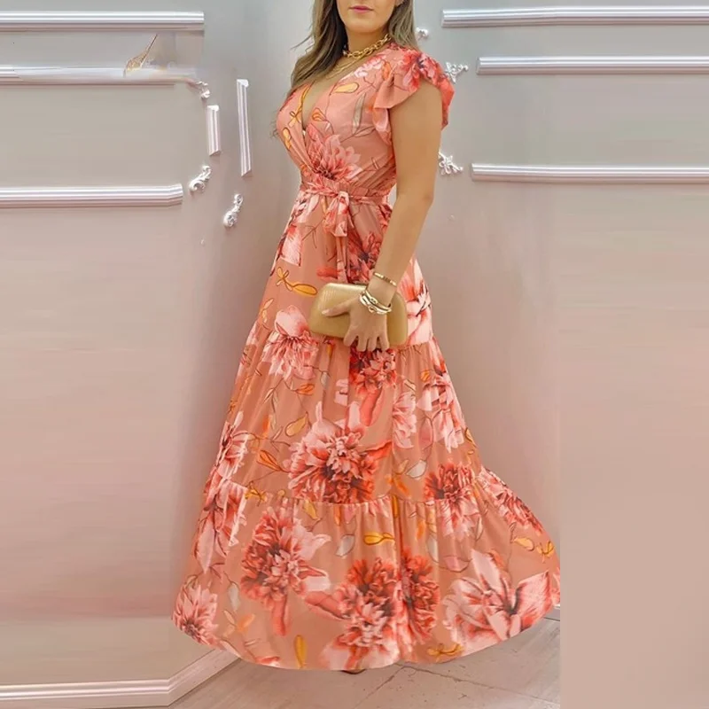

Casual Holiday Beach Vacation Floral Print Chiffon Dress Maxi Dress 2022 Summer Fashion New Sexy V-Neck Ruffles Sleeve Dress