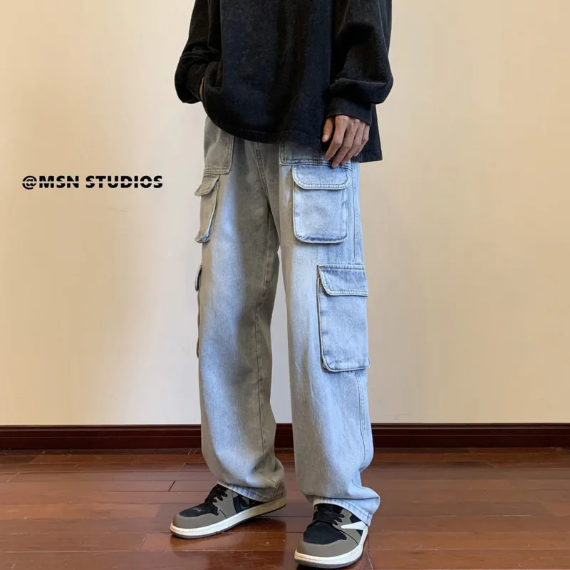 Blue Black Baggy Jeans Men Fashion Retro Pocket Cargo Jeans Men Streetwear Hip Hop Loose Straight Denim Pants Mens Trousers