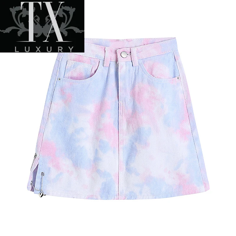 

A-Line Tie Dye Skirts High Waist Retro Sweet Elegant Party Clubwear Summer E-Girl Hem Split Trendy Tide Pop Clothes
