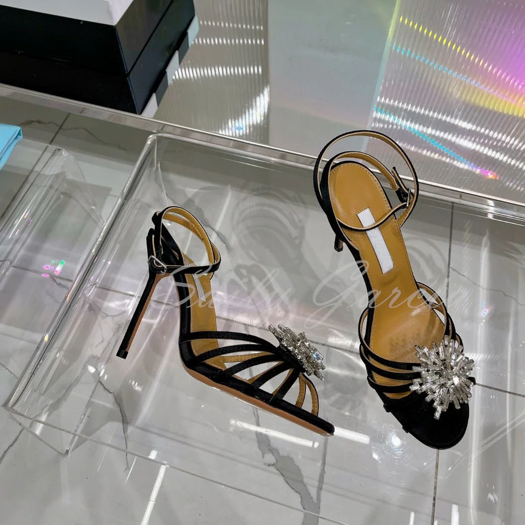 Snowflake Rhinestone High Heel Sandals Women Round Toe Thin Strip Hollowed Out Buckle Strap Sexy Stiletto Pumps