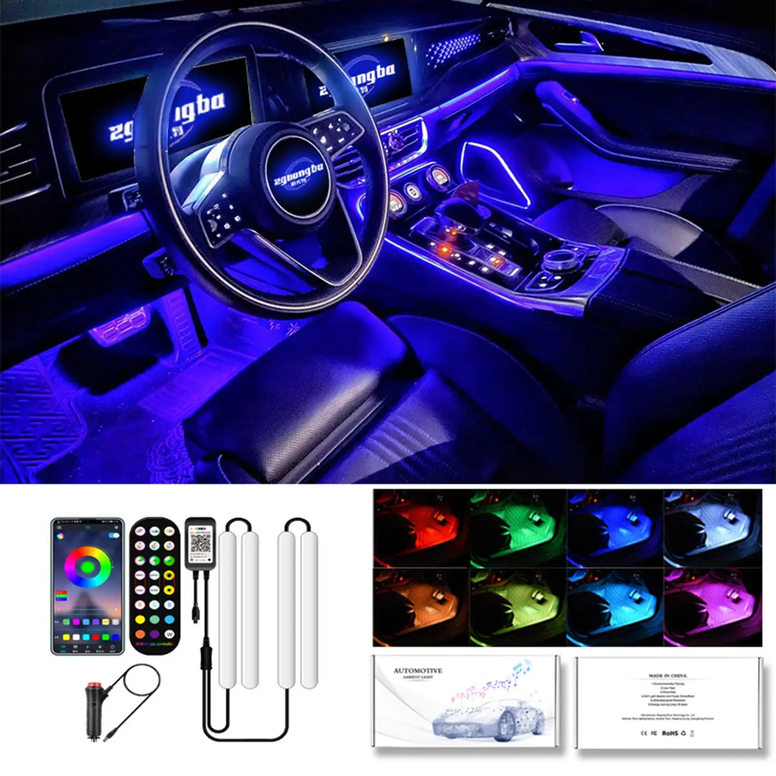 

Car Interior Atmosphere Stripe Lights RGB Under Dash Footwell Car Lighting Kit Remote+Phone App+Buttons Control with Sound Sync