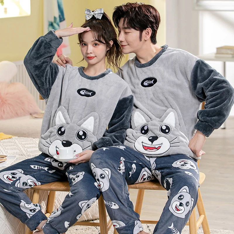 

Autumn Winter Pajama Sets Pyjamas Women Cartoon Cute Home Wear Men Pijama Clothes Flannel Sleepwear Panda Couple Loungwear Pjs