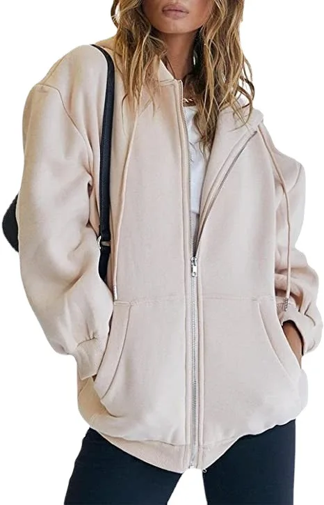 Womens Zip Up Y2K Hoodies Long Sleeve Fall Oversized Casual Drawstring Sweatshirts Jacket with Pocket Zip Up Hoodies Pullover