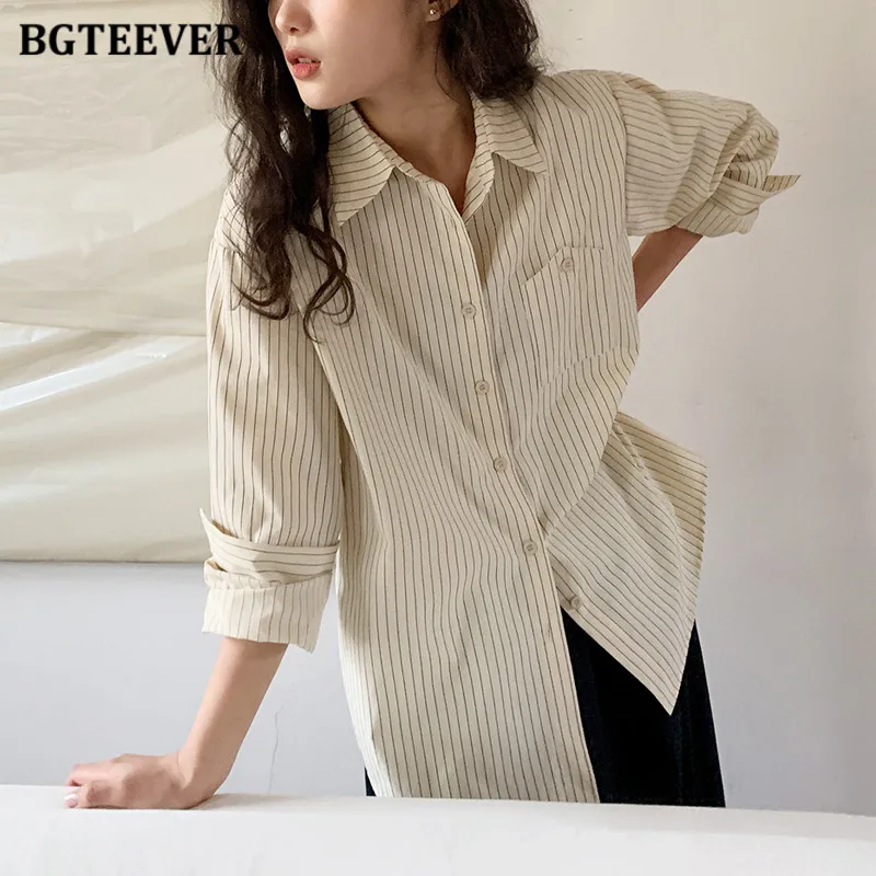 

Модные женские полосатые рубашки BGTEEVER с отложным воротником и карманами, топы, Весенняя Повседневная Свободная Женская однобортная блузка с длинным рукавом