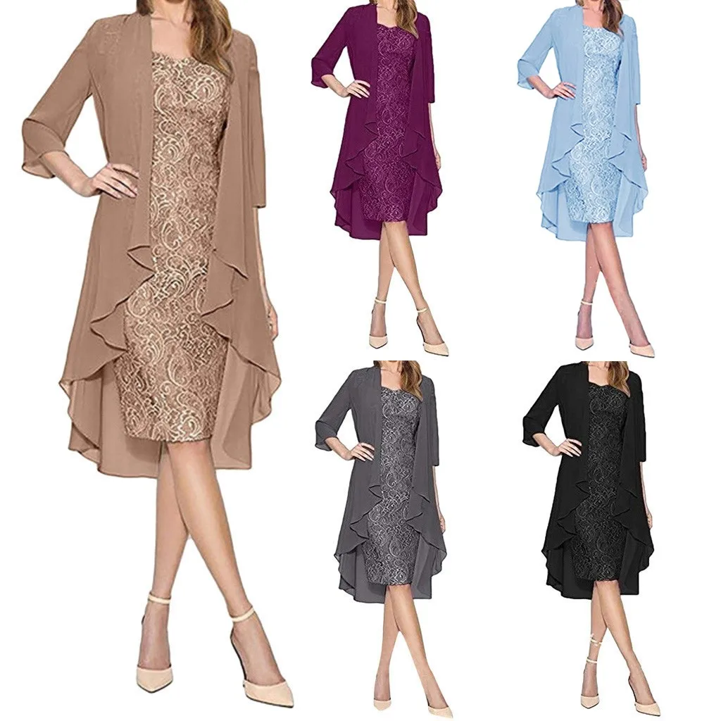 

French Swing Dress Two Bride Charming Color Pieces Mother Fashion Solid Dresses of Women's Lace Jacket Dresses for Women plus