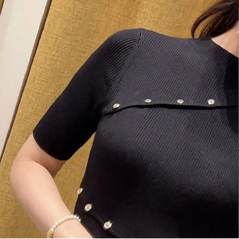 

Women Mini Robe Ribe Waist Buttons Slim Knitted Dress