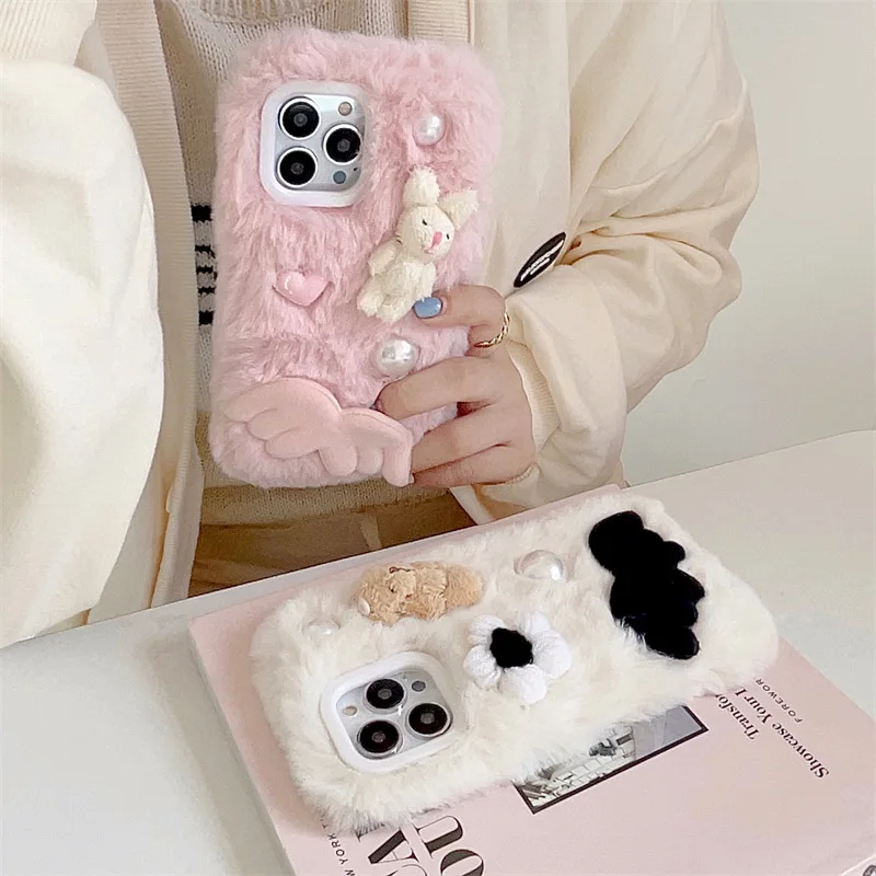 

Creative Plush Pearl Rabbit Bear Phone Case Cover for IPhone 14 Plus 11 12 13 14 Pro Max Shockproof Cases for IPhone 14 Case