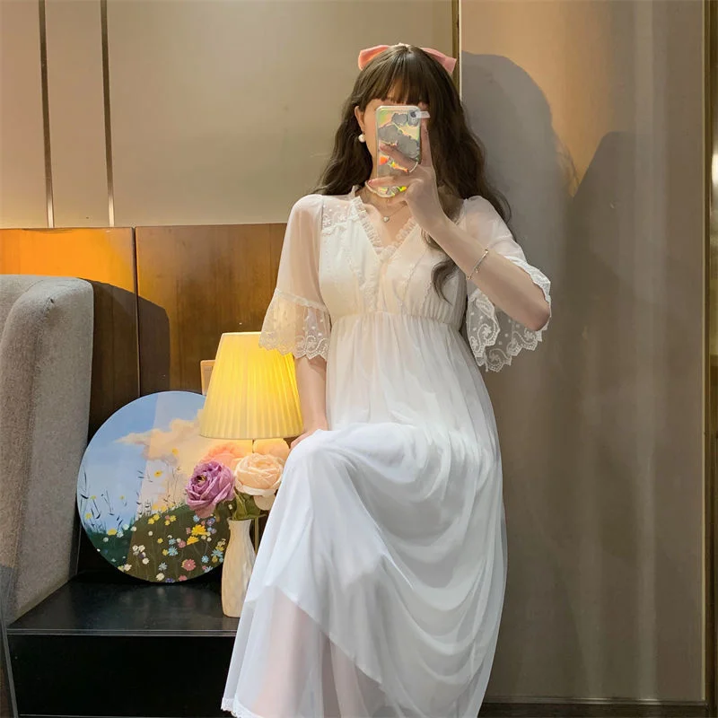 Summer Womens Nightgowns Lace Mesh Princess Robe Short Sleeve Elegant Long Nightdress Morning Sleepdress Pajamas 2PCS Home Suit