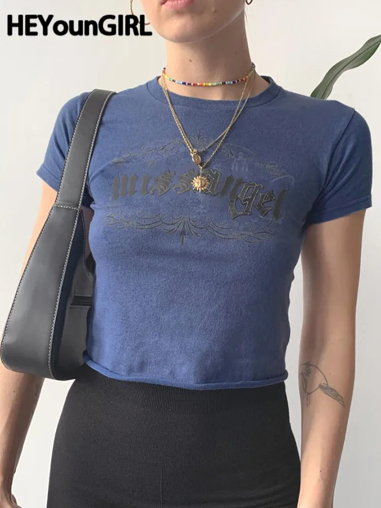 

Винтажная Футболка HEYounGIRL с круглым вырезом и коротким рукавом, облегающий кроп-топ с буквенным принтом Y2K в стиле панк, летняя уличная одежд...