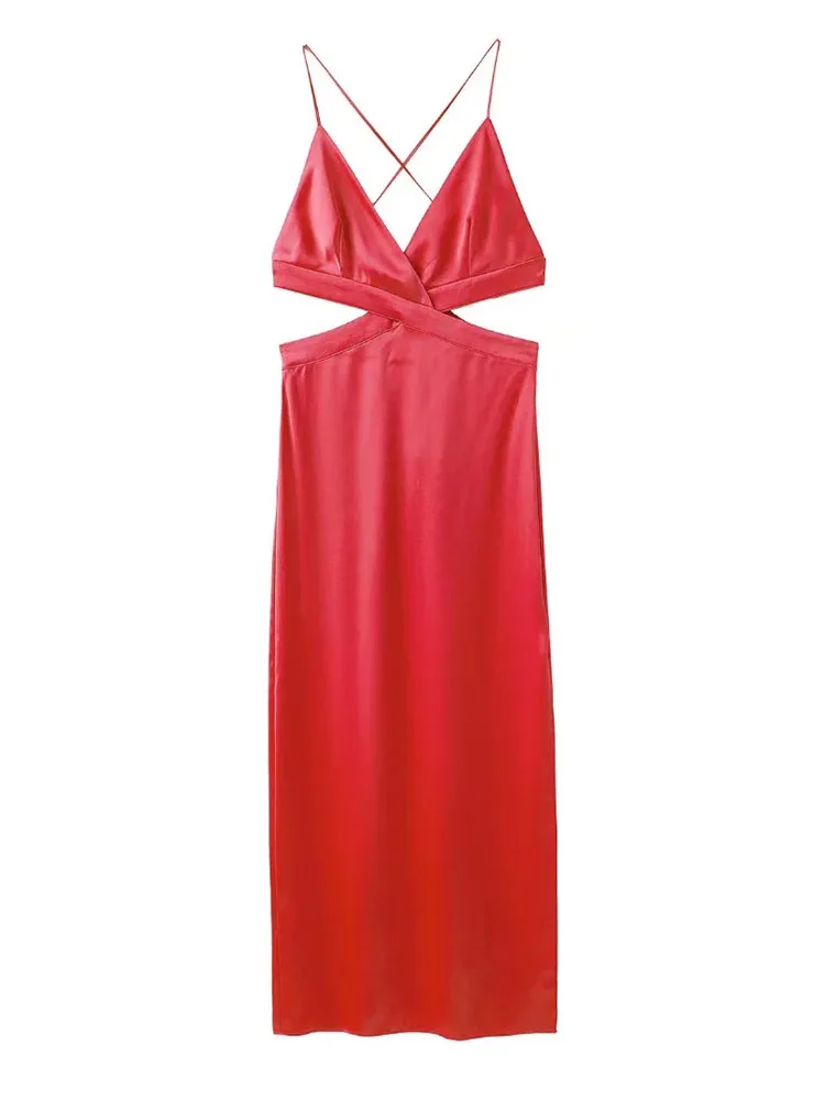 

xikom 2022 Women Fashion With Hollow Out Split Hem Satin Midi Dress Vintage Backless Zipper Thin Straps Female Dresses Vestidos