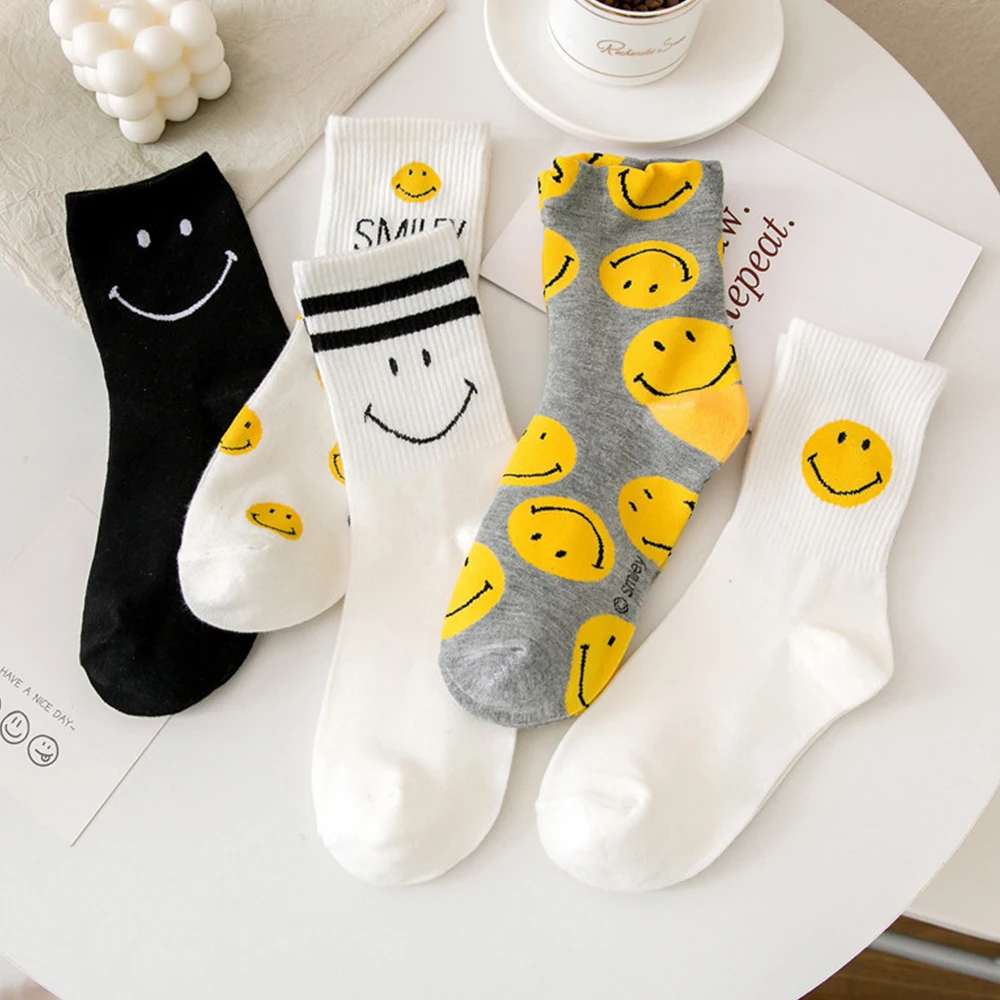 5 Pairs/Pack Yellow Smile Face Women Cartoon Socks Cute Creative Fashion Novelty Cotton Socks Dropshipping