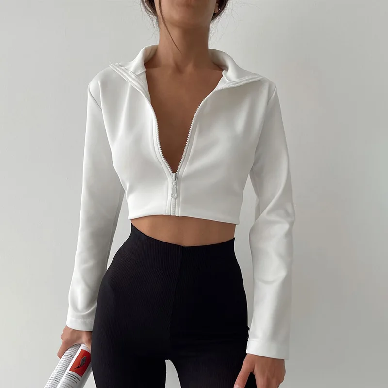 

Streetwear Zip-up Cropped Sweatshirts Spring/Autumn Solid Long Sleeves Polo Female Sweatshirt Ins Slim Coat Top Women Clothing