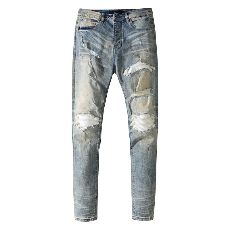 

2022 New summer men's jeans vintage for male trend fashion light blue personality printing slim casual small feet denim pants