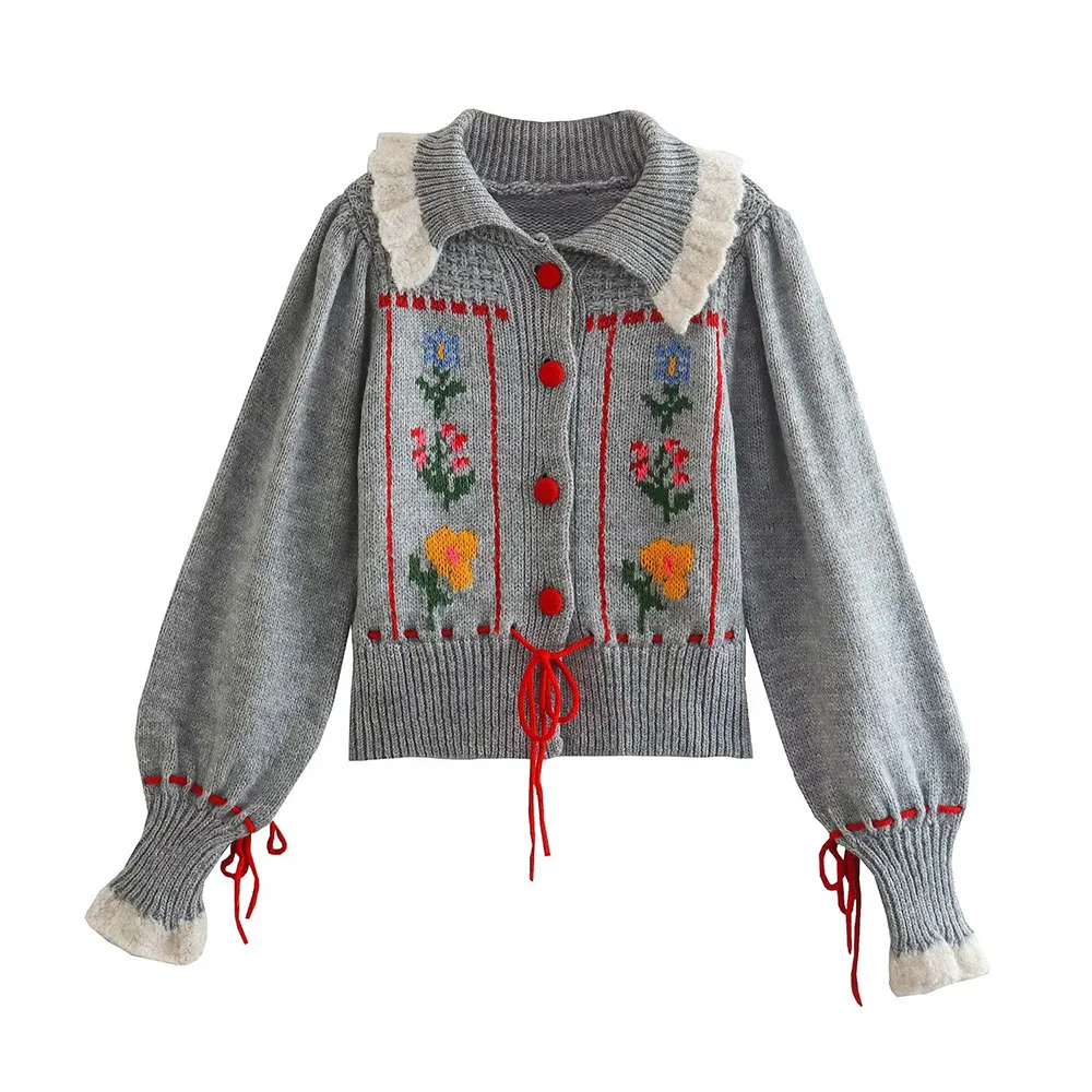 

autumn and winter new women's lapel short paragraph sweet embroidery jacquard knitted cardigan jacket