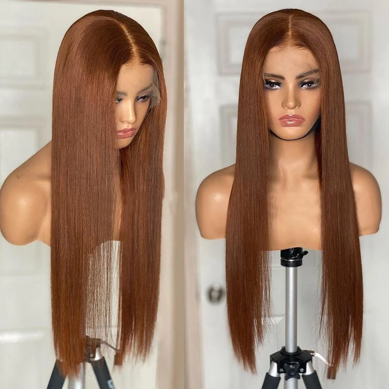 

Long Soft Silk Straight Lace Front Wig For Women Synthetic Orange Brown Glueless Wig Pre Plucked Baby Hair Heat Resistant