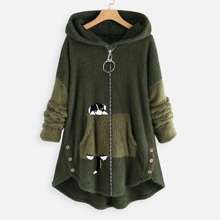 Plus Size Women's Loose Large Plush Hooded Long Sleeve Top with Pockets Winter Warm Sweatshirt Ey*