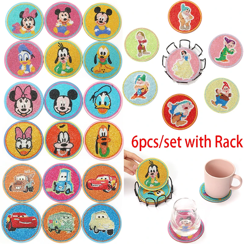 

6Pcs/set Disney Mickey Mouse DIY Diamond Painting Coaster with Holder Princess Donald Duck Cartoon Coaster Drink Cup Cushion Mad