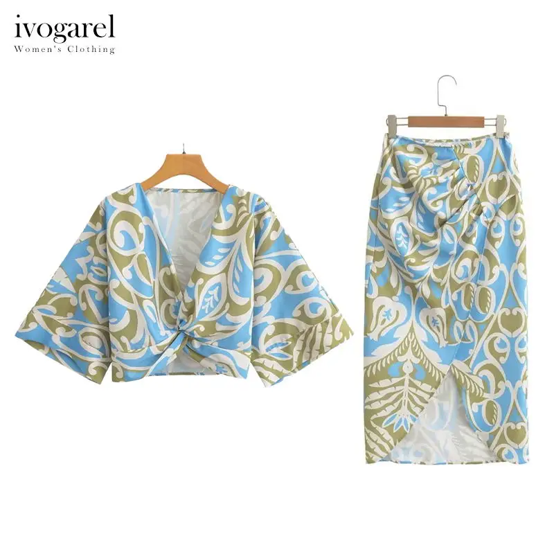 

Ivogarel Printed Floral Crop Top and Wrap Midi Skirt Set Women's Suit with Sleeves Boho Clothing Vintage Ethnic Tribal Pattern
