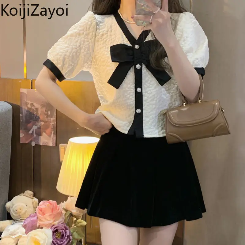 

Koijizayoi New Women Fashion Short Sleeve Shirt Female Office Lady Elegant Blouse Puff Sleeve Single Breasted Bow Daily Slim Top