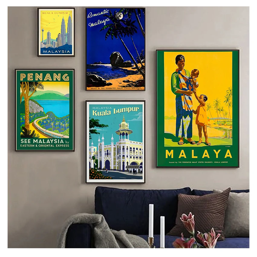 Дорожные холщовые картины Lumpur, винтажные настенные постеры из крафт-бумаги, настенные наклейки с покрытием, домашний декор, подарок, посетите Малайзию, Пенанг, пляж, Куала