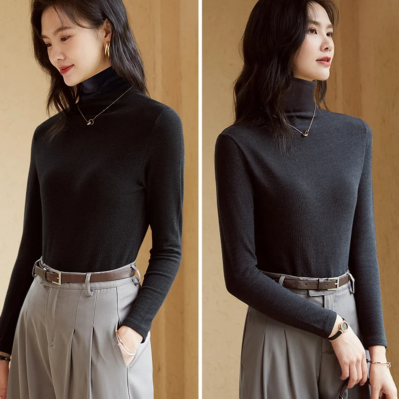 De Rong High Neck Undercoat for Women in Autumn and Winter, New Year's New Style, Hot, Fleece, Thickened, Warm Long Sleeve Top
