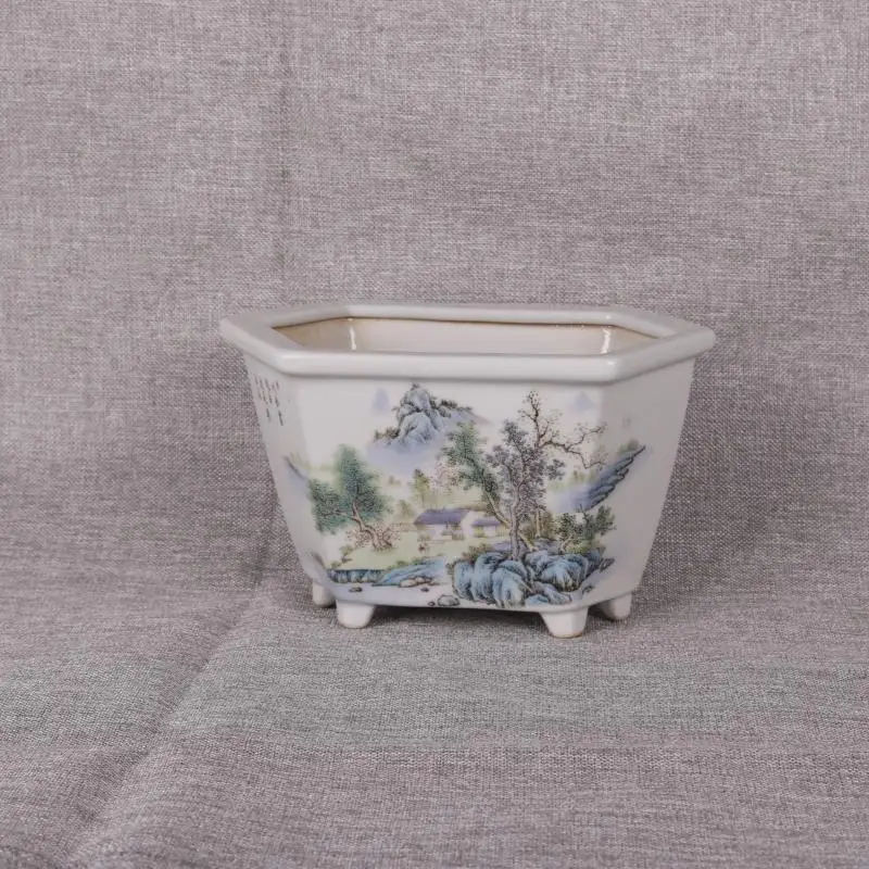 

Pink Landscape Hexagonal Flower Pots Folk Collection, Home Decoration, Flower Ornaments, Antique Porcelain Decoration Crafts