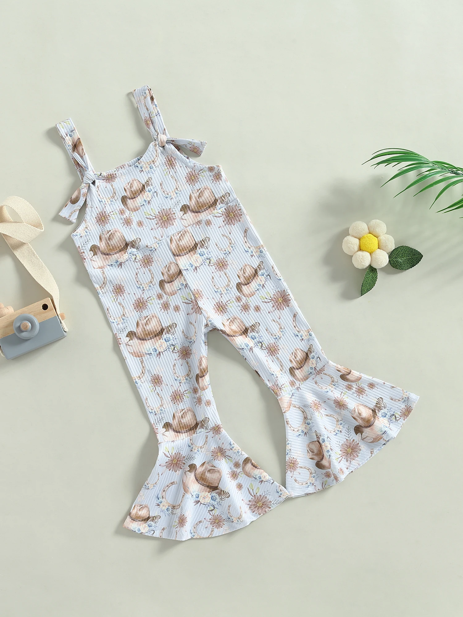 

Cute and Stylish Infant Girls Floral Cow Print Sleeveless Romper with Spaghetti Straps and Bell Bottoms for Summer Fun