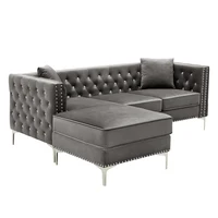 Wide Reversible Velvet Sofa-chaise Sectional with Jeweled Buttons Square Arms 2 Pillows Grey 82.3 Inch