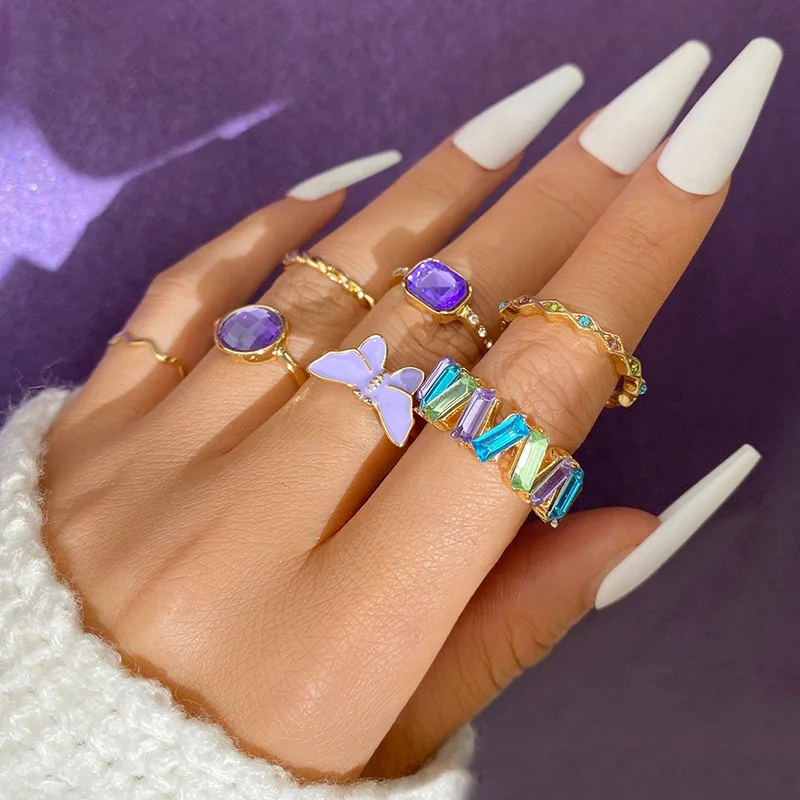 

European and American Ins Style Fashion Color Crystal Ring Set for Women 7 Pieces/set New Knuckle Ring Party Jewelry Accessories