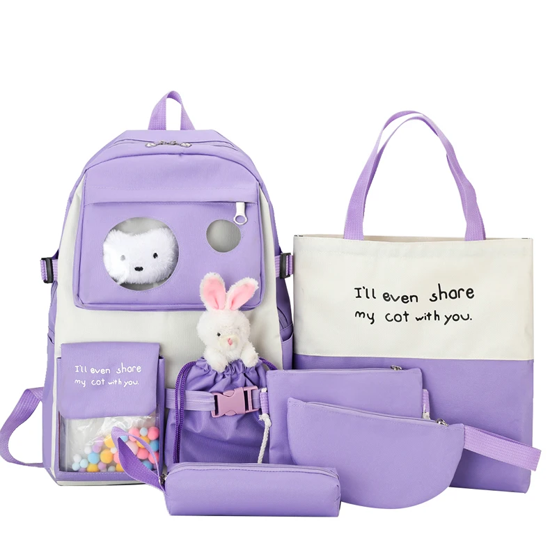 5 Piece Set Pupil School Backpack 6 Pes Set Backpack Fashion Bear Toys Multiple Pockets Bags for Teenage Girl 2022 Student Bag