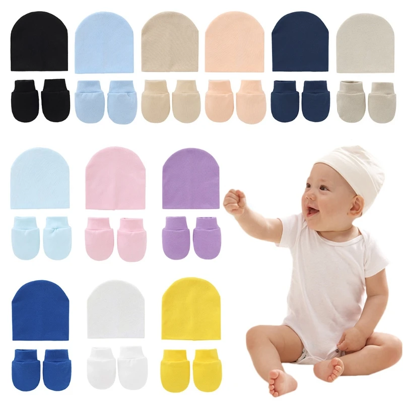

2 Pcs 0-5 Months Soft Knitted Cotton Comfy No Scratch Mittens Cute Turban Beanie