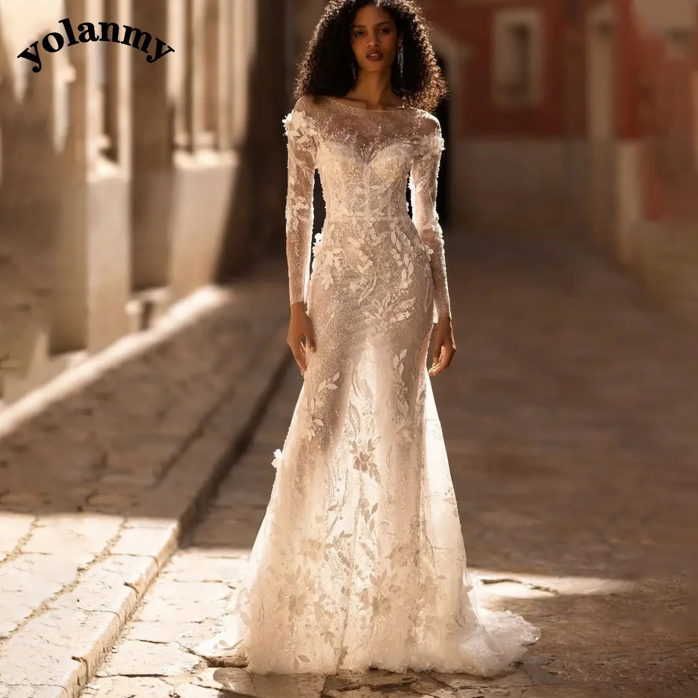 

YOLANMY O-Neck Simple Wedding Dresses Floor-Length Zipper Tulle Full Sleeve Illusion Floral Print Button Vestido De Casamento