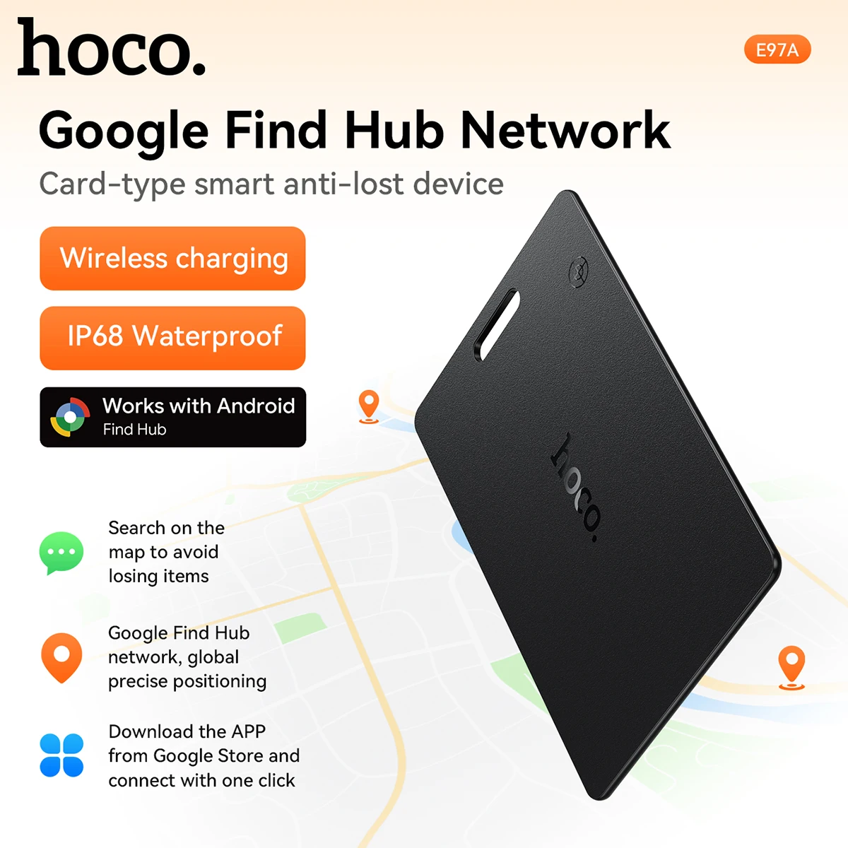 Фото HOCO E97A Ультратонкая карта-трекер с GPS, беспроводной зарядкой, водонепроницаемая, для Android, с функцией Google Find My №1