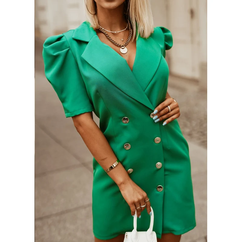 

Spring Autumn New Slim Puff Sleeve Suit Collar Commute Dress Casual Fashion Short Sleeve Mini Dress Office Women Blazer Vestidos