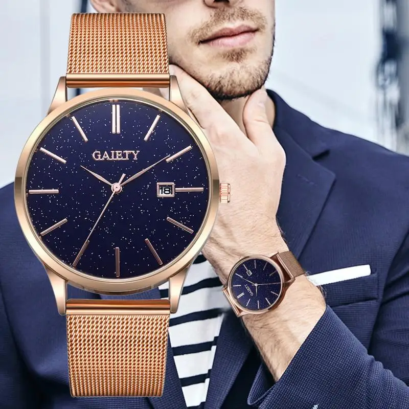

Fashion Classic Starry Sky Men Business Watch Fashion Dial Calendar Scale Noble Quartz Watch Luxury Mesh Belt Clock for Male