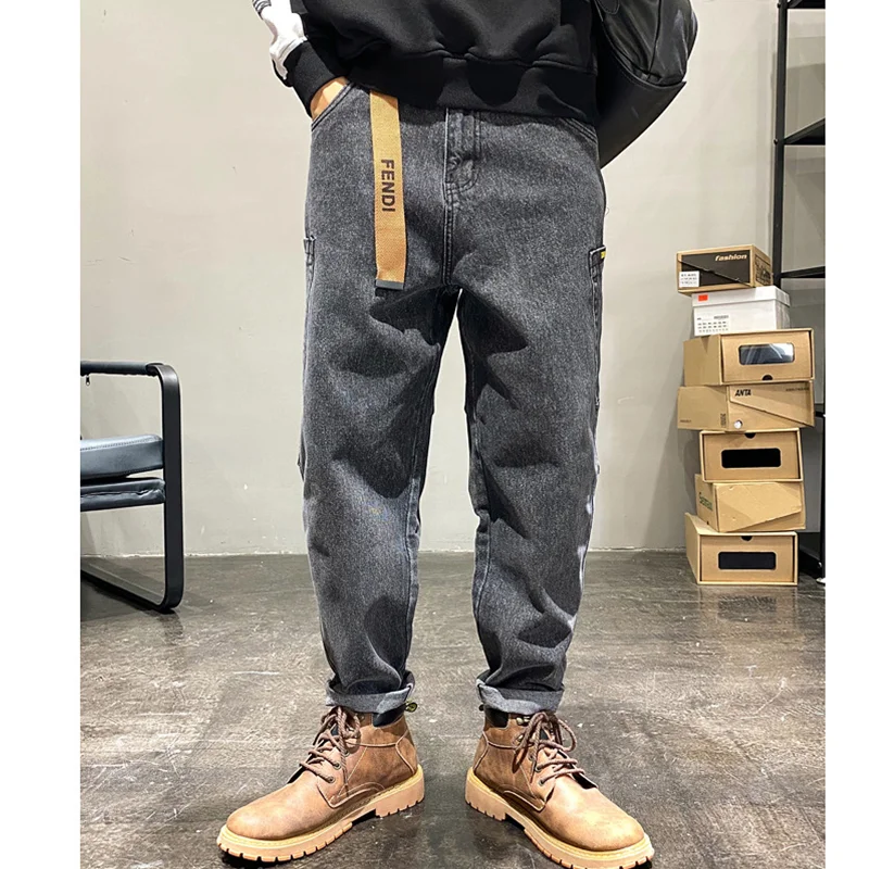 Men Clothing New Pattern Recreational Vintage Nostalgia Black Grey Jeans Straight Cylinder Loose Street Trousers Autumn Female