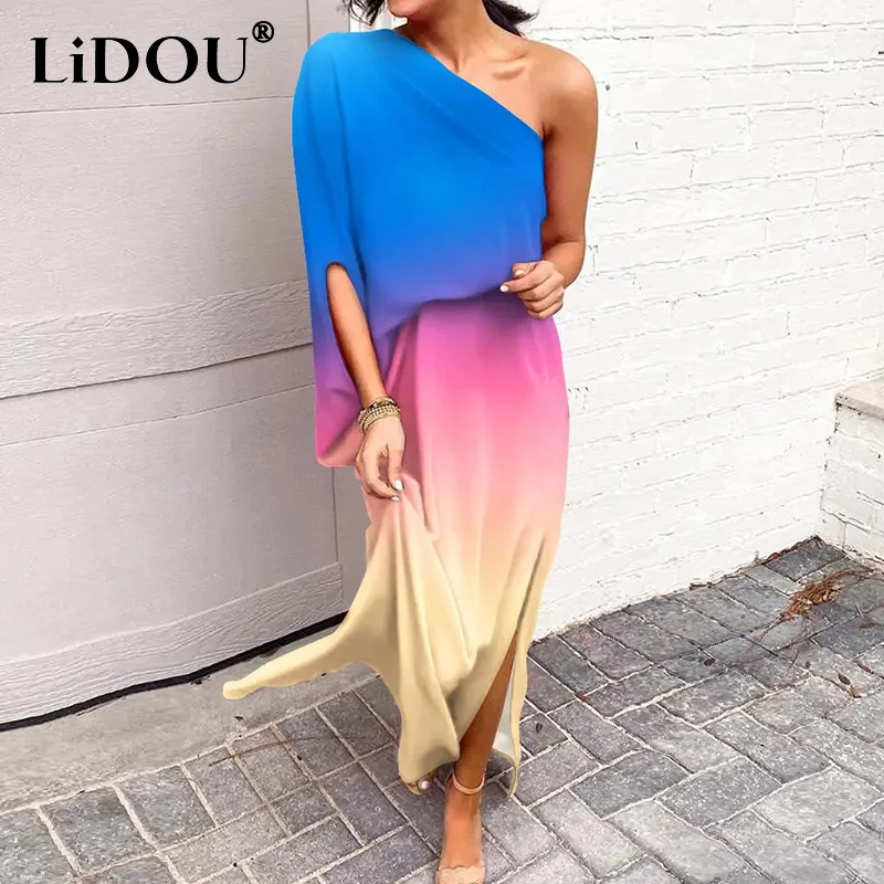 

Summer Women's Sexy One Shoulder Half Sleeve Floral Print Waist Dresses Ladies Bohemian Casual Fashion Beach Holiday Dress Robe