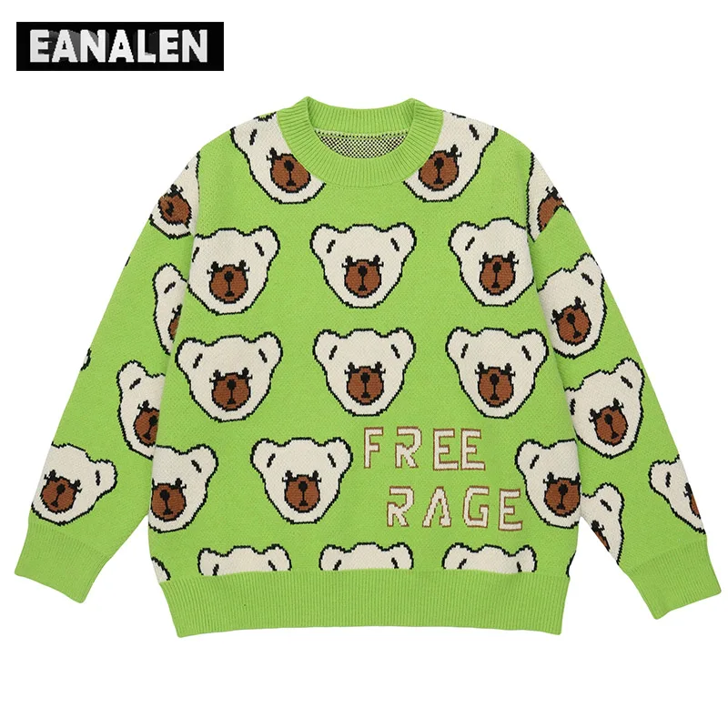 

Винтажный трикотажный свитер в стиле Харадзюку С героями мультфильмов, мужской зимний Свитер оверсайз с зеленым медведем, толстый уродливы...