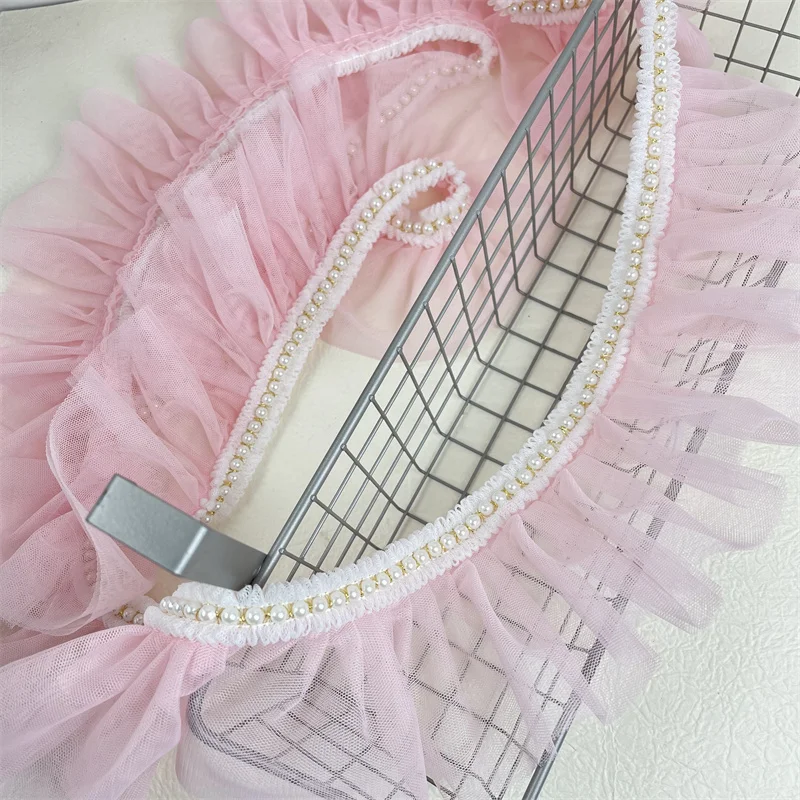 Плиссированное розовое кружево в стиле &quotЛолита&quot с отделкой бисером сделай