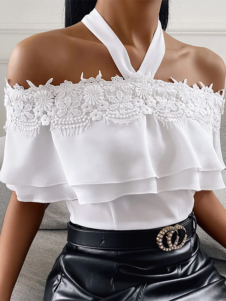 

Fashion Sexy Halter Blouses Short Sleeve Street Back Zipper Women Party Shirts Lace Stitching Ruffles Solid Tunics Tops