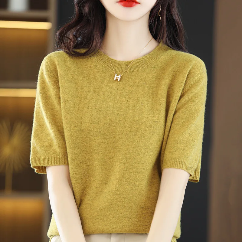 

100% Pure Wool T-shirt Spring and Summer New Women's O-Neck Short-sleeved Slim Fashion Knitted Bottoming Tops Korean version