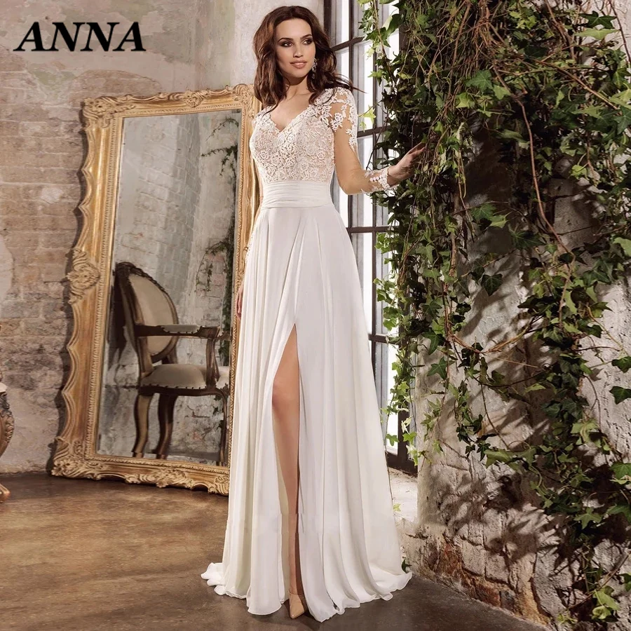 

Anna Beauty Wedding Dress 2022 Charming V-Neck Chiffon Appliques Sexy Vestido De Noiva Civil for Women with Split Custom Made